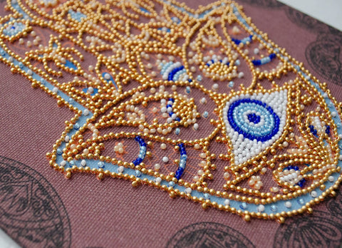 Beaded Embroidery Kit, Golden Hamsa Design, 20x20 cm, Preciosa Glass Beads, Printed Canvas, Abris Art