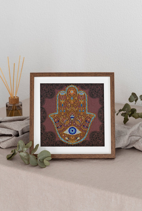 Beaded Embroidery Kit, Golden Hamsa Design, 20x20 cm, Preciosa Glass Beads, Printed Canvas, Abris Art