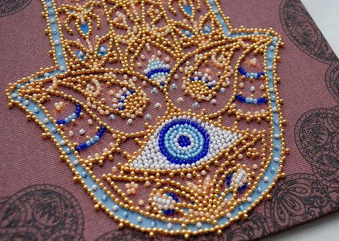 Beaded Embroidery Kit, Golden Hamsa Design, 20x20 cm, Preciosa Glass Beads, Printed Canvas, Abris Art