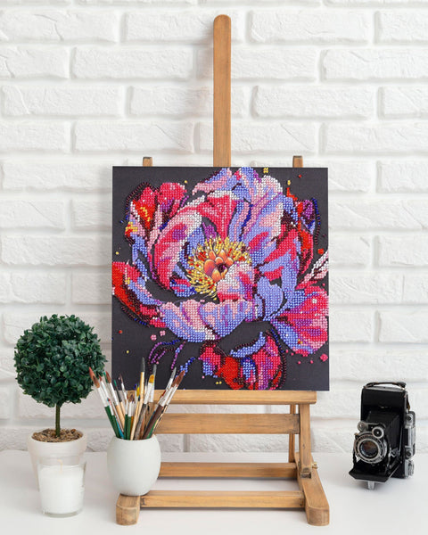 Bead Embroidery Kit Time to Bloom, Floral Design, 20x20 cm, Abris Art, 12 Colors, 4921 Beads