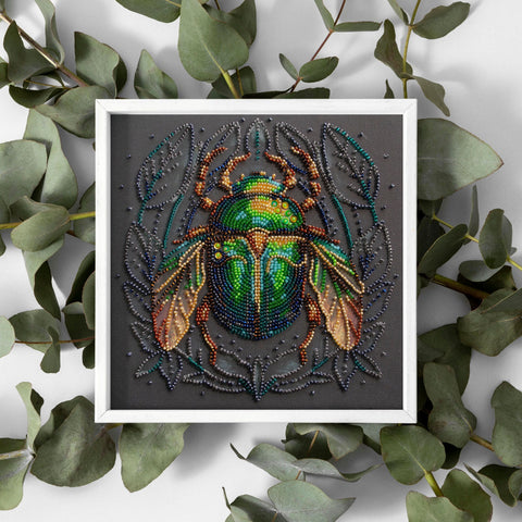 Emerald Beetle Bead Embroidery Kit, Abris Art, 20x20 cm, 13 Colors, 3110 Beads, Beginner-Friendly DIY Craft Project