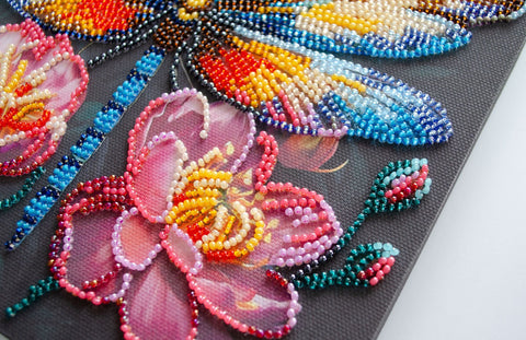 Beaded Embroidery Kit “Shimmering Wings” 20x20 cm, 20 Colors, Printed Pattern, Needle and Thread, Abris Art