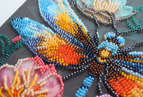 Beaded Embroidery Kit “Shimmering Wings” 20x20 cm, 20 Colors, Printed Pattern, Needle and Thread, Abris Art
