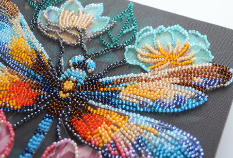 Beaded Embroidery Kit “Shimmering Wings” 20x20 cm, 20 Colors, Printed Pattern, Needle and Thread, Abris Art