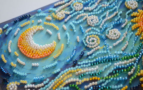 Bead Embroidery Kit Sunflowers at Night, 20 x 20 cm, Abris Art Deco Scenes Wall Art Craft Kit, 19 Colors, 4381 Beads