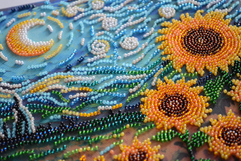 Bead Embroidery Kit Sunflowers at Night, 20 x 20 cm, Abris Art Deco Scenes Wall Art Craft Kit, 19 Colors, 4381 Beads