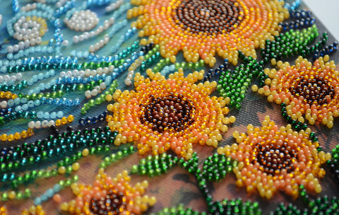 Bead Embroidery Kit Sunflowers at Night, 20 x 20 cm, Abris Art Deco Scenes Wall Art Craft Kit, 19 Colors, 4381 Beads