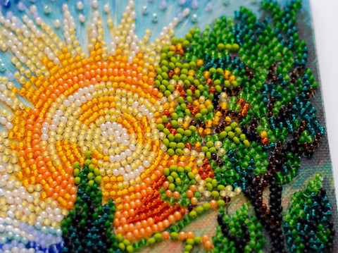 Bead Embroidery Kit, Floral Summer Memories Design, Abris Art, 20 x 20 cm, 20 Colors, 4,987 Beads, Nature Scene DIY Craft