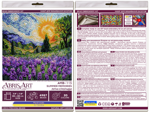Bead Embroidery Kit, Floral Summer Memories Design, Abris Art, 20 x 20 cm, 20 Colors, 4,987 Beads, Nature Scene DIY Craft