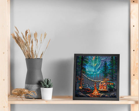 Bead Embroidery Kit, Camping Under the Stars Scene, Abris Art, 20x20 cm, 20 Colors, 3778 Beads, Nature-Themed Craft Set