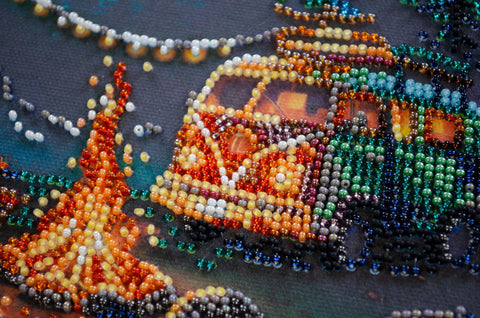 Bead Embroidery Kit, Camping Under the Stars Scene, Abris Art, 20x20 cm, 20 Colors, 3778 Beads, Nature-Themed Craft Set