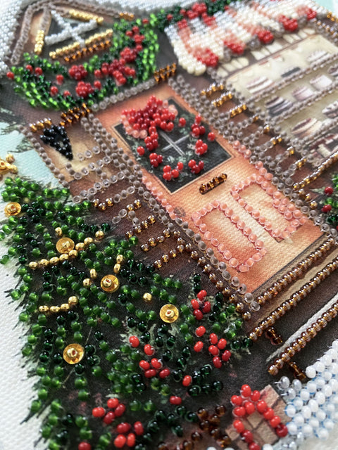 Christmas Bead Embroidery Kit “Time to Celebrate,” Abris Art, 20x20 cm, 17 Colors, 3096 Beads, Holiday Decor Theme