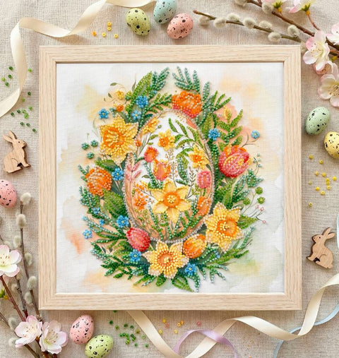 Easter Bead Embroidery Kit, Easter Symbol Design, Abris Art, 20 x 20 cm Printed Canvas, 19 Colors, 2753 Beads