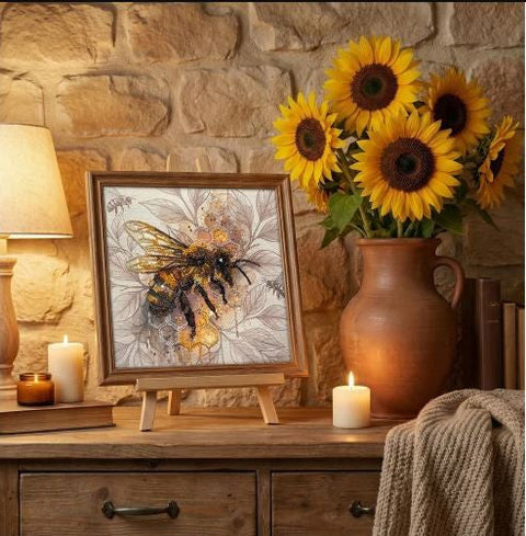 Bead Embroidery Kit, Golden Honey Bee Design, 20x20 cm, Abris Art, 12 Colors, 1839 Beads, Printed Canvas