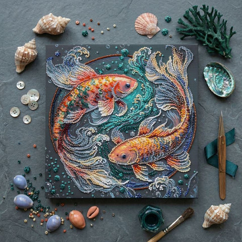 Bead Embroidery Kit Dancing Among the Waves, 20x20 cm Canvas, 3643 Beads, 19 Colors, Abris Art Animal Design