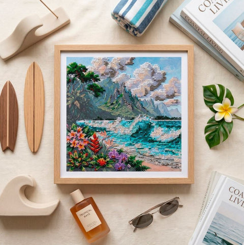 Bead Embroidery Kit, Blue Lagoon Nature Design, Abris Art, 20 x 20 cm Printed Canvas, 20 Colors, 4462 Beads