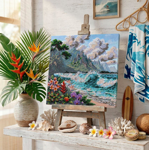 Bead Embroidery Kit, Blue Lagoon Nature Design, Abris Art, 20 x 20 cm Printed Canvas, 20 Colors, 4462 Beads