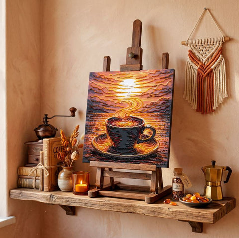 Bead Embroidery Kit, Fragrant Coffee Design, 20 x 20 cm, Abris Art, 13 Colors, Printed Canvas, DIY Craft Project
