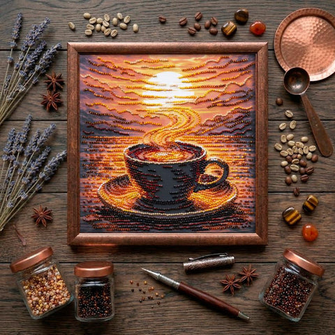 Bead Embroidery Kit, Fragrant Coffee Design, 20 x 20 cm, Abris Art, 13 Colors, Printed Canvas, DIY Craft Project