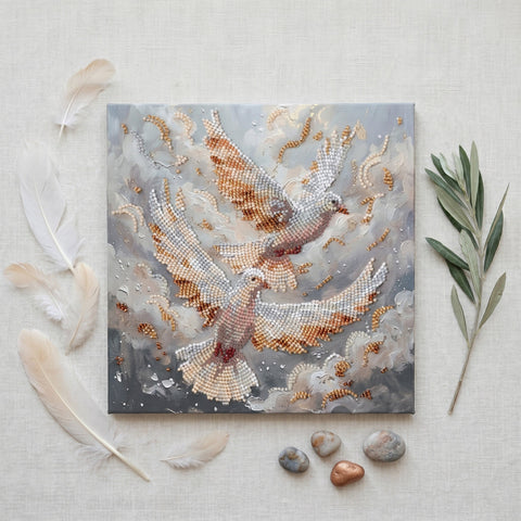 Bead Embroidery Kit Dove Dance, 20×20 cm Printed Canvas, 13 Colors, Animal-Themed Craft Set by Abris Art