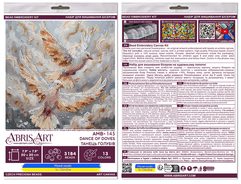 Bead Embroidery Kit Dove Dance, 20×20 cm Printed Canvas, 13 Colors, Animal-Themed Craft Set by Abris Art