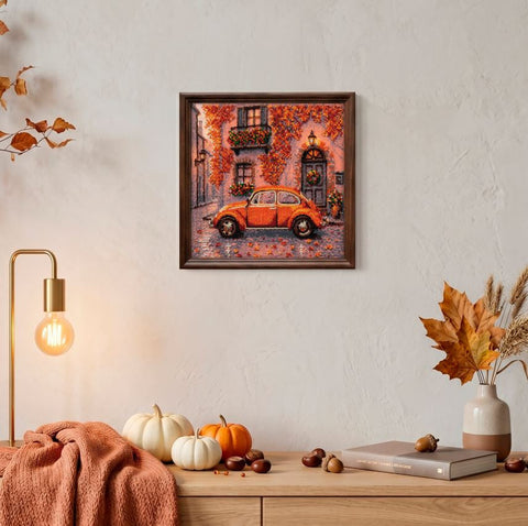 Bead Embroidery Kit with City and Transport Motif, Autumn Quarter, 20 x 20 cm, 17 Colors, 4385 Beads, Abris Art