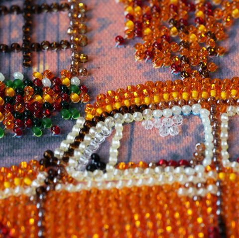 Bead Embroidery Kit with City and Transport Motif, Autumn Quarter, 20 x 20 cm, 17 Colors, 4385 Beads, Abris Art