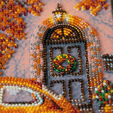 Bead Embroidery Kit with City and Transport Motif, Autumn Quarter, 20 x 20 cm, 17 Colors, 4385 Beads, Abris Art