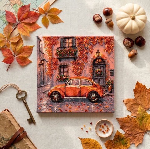 Bead Embroidery Kit with City and Transport Motif, Autumn Quarter, 20 x 20 cm, 17 Colors, 4385 Beads, Abris Art