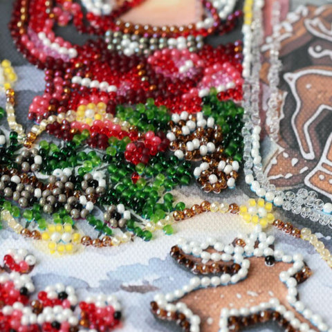 Christmas Bead Embroidery Kit, Cookies for Santa, Abris Art, 20 x 20 cm, Printed Canvas, 19 Colors, Winter Scene
