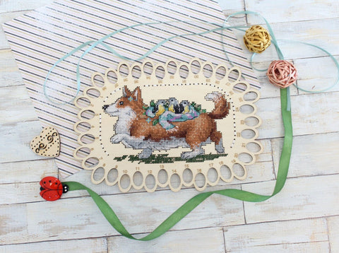 Embroidery Thread Organizer with Numbered Holes, Corgi Illustration, MP Studia, Compact Floss Keeper for Cross Stitch