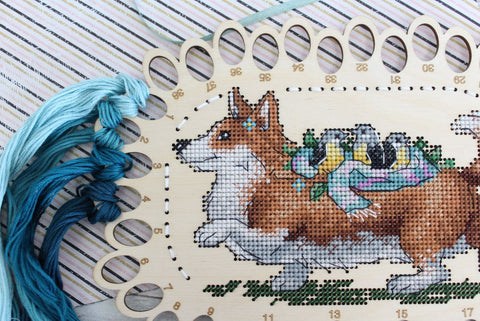 Embroidery Thread Organizer with Numbered Holes, Corgi Illustration, MP Studia, Compact Floss Keeper for Cross Stitch