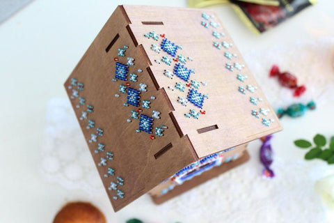 Bead Embroidery Kit on Wooden Base, Tea House Design, Glass Beads, Needle, Thread, Pattern and Instructions by MP Studia