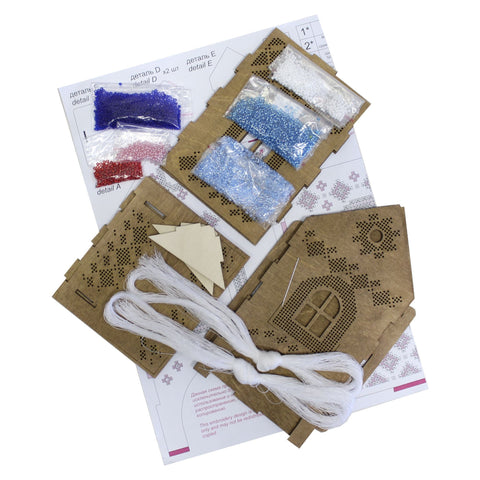 Bead Embroidery Kit on Wooden Base, Tea House Design, Glass Beads, Needle, Thread, Pattern and Instructions by MP Studia