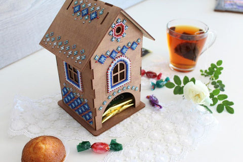 Bead Embroidery Kit on Wooden Base, Tea House Design, Glass Beads, Needle, Thread, Pattern and Instructions by MP Studia