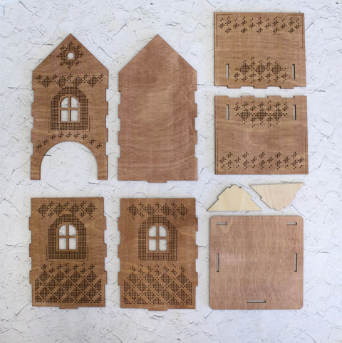 Bead Embroidery Kit on Wooden Base, Tea House Design, Glass Beads, Needle, Thread, Pattern and Instructions by MP Studia