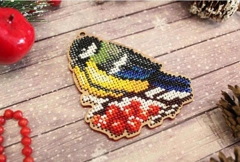 Cross Stitch Embroidery Kit, Wooden Christmas Tree Ornament with Titmouse Motif, MP Studia, Cotton Threads, Multicolor DIY Craft
