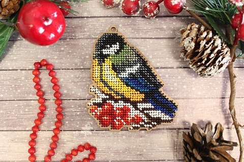 Cross Stitch Embroidery Kit, Wooden Christmas Tree Ornament with Titmouse Motif, MP Studia, Cotton Threads, Multicolor DIY Craft