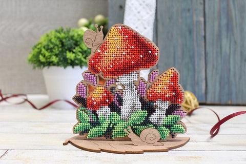 Bead Embroidery Kit with Mushroom Design on Wood, MP Studia, Red White Green Decor, Beginner Craft Set