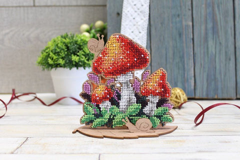 Bead Embroidery Kit with Mushroom Design on Wood, MP Studia, Red White Green Decor, Beginner Craft Set