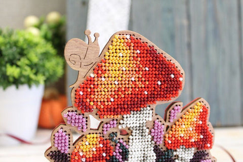 Bead Embroidery Kit with Mushroom Design on Wood, MP Studia, Red White Green Decor, Beginner Craft Set