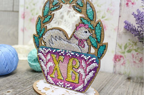 Easter Chicken Cross Stitch Kit on Perforated Wood Base, MP Studia Natural Plywood Craft Decor for Beginners and Advanced Crafters