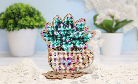 Beaded Embroidery Kit on Wood, Romantic Echeveria Design, MP Studia, Green and Pink, Beginner-Friendly Craft Project