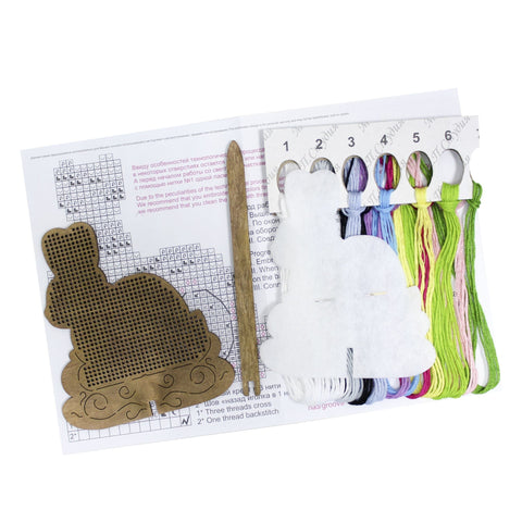 Easter Bunny Cross Stitch Kit on Perforated Wood, MP Studia, Natural Wood Base, DIY Home Decor for Beginners and Advanced Crafters