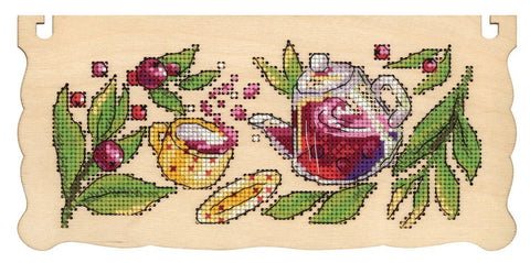 Wooden Tea Box with Embroidered Berry Design, Natural Wood Organizer for Tea Bags, Herbal Blends and Kitchen Accessories by MP Studia