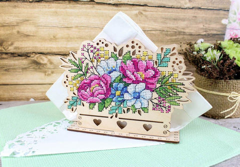 Cross Stitch Kit for Wooden Napkin Holder, Multicolor Floral Design, Natural Wood Base, Threads, Needle and Pattern by MP Studia