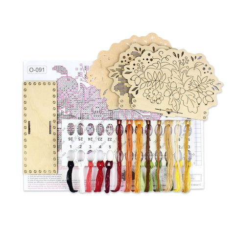 Cross Stitch Kit for Wooden Napkin Holder, Autumn Bouquet Pattern, MP Studia, Warm Natural Tones, DIY Home Decor Craft
