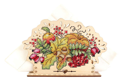 Cross Stitch Kit for Wooden Napkin Holder, Autumn Bouquet Pattern, MP Studia, Warm Natural Tones, DIY Home Decor Craft