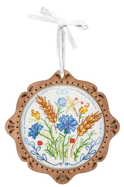 Miniature Meadow Bouquet Cross Stitch Kit on Natural Wood Base, MP Studia Embroidery Kit with Threads, Needle, Pattern and Instructions