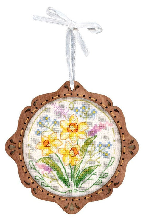 Mini Cross Stitch Kit on Wooden Base, Spring Flowers, MP Studia, Cotton Threads, Needle and Instructions